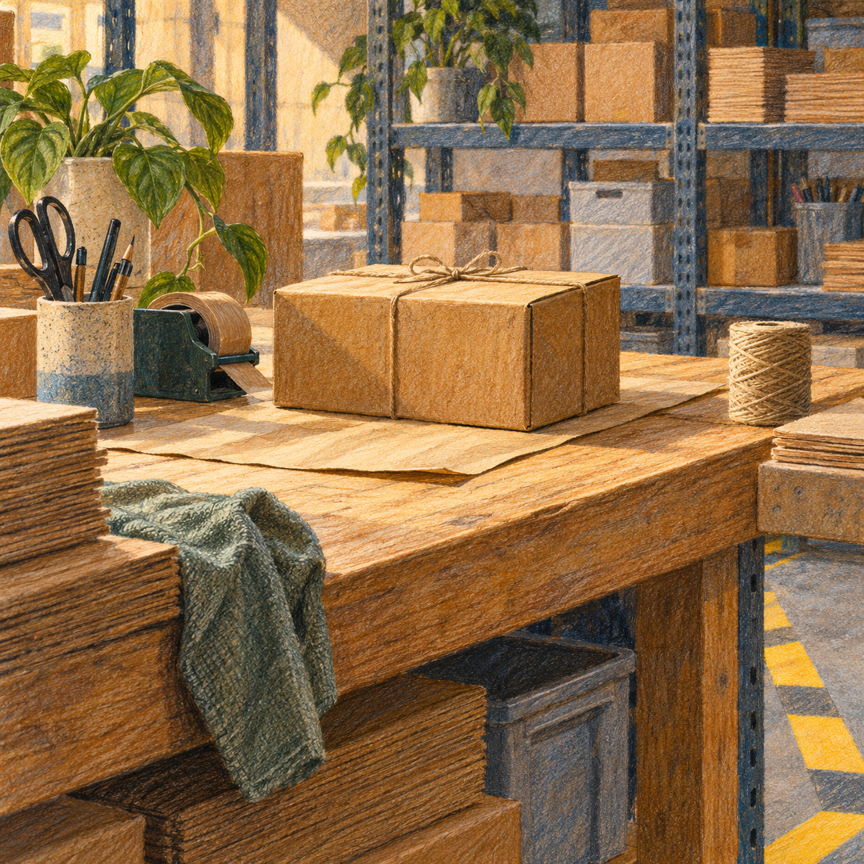 Illustration of small warehouse: a packing bench, safety floor markings without text, neat modular shelves