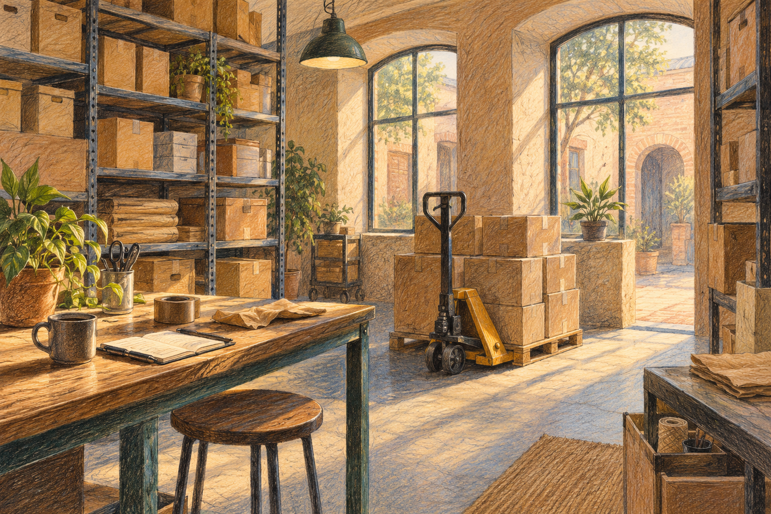 Illustration of small warehouse: neat modular shelves, kraft cartons, a manual pallet jack